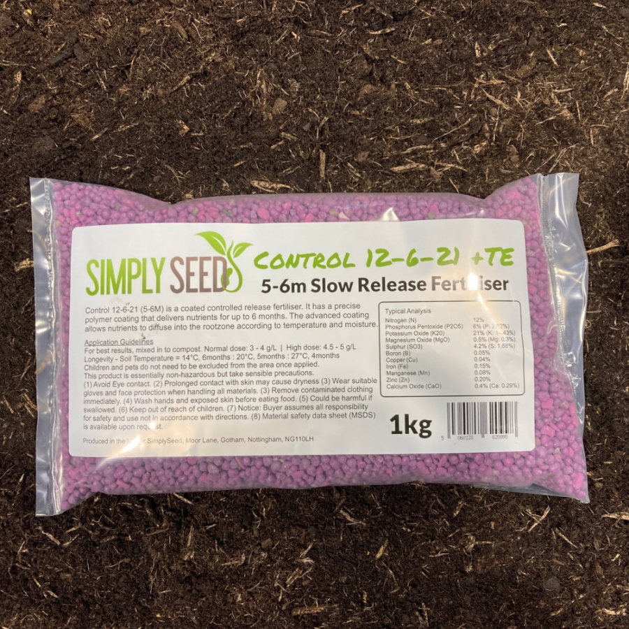 A bag of slow-release fertilizer with a label highlighting its benefits